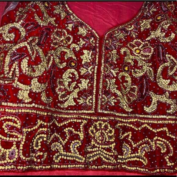 Heavy stone work red and peach color net dress - Picture 2 of 3